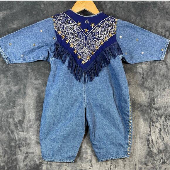 Rare VTG 80s Suzy For Kids Western Style Denim One Piece 24M Paisley/Fringe/Stud - Picture 2 of 9